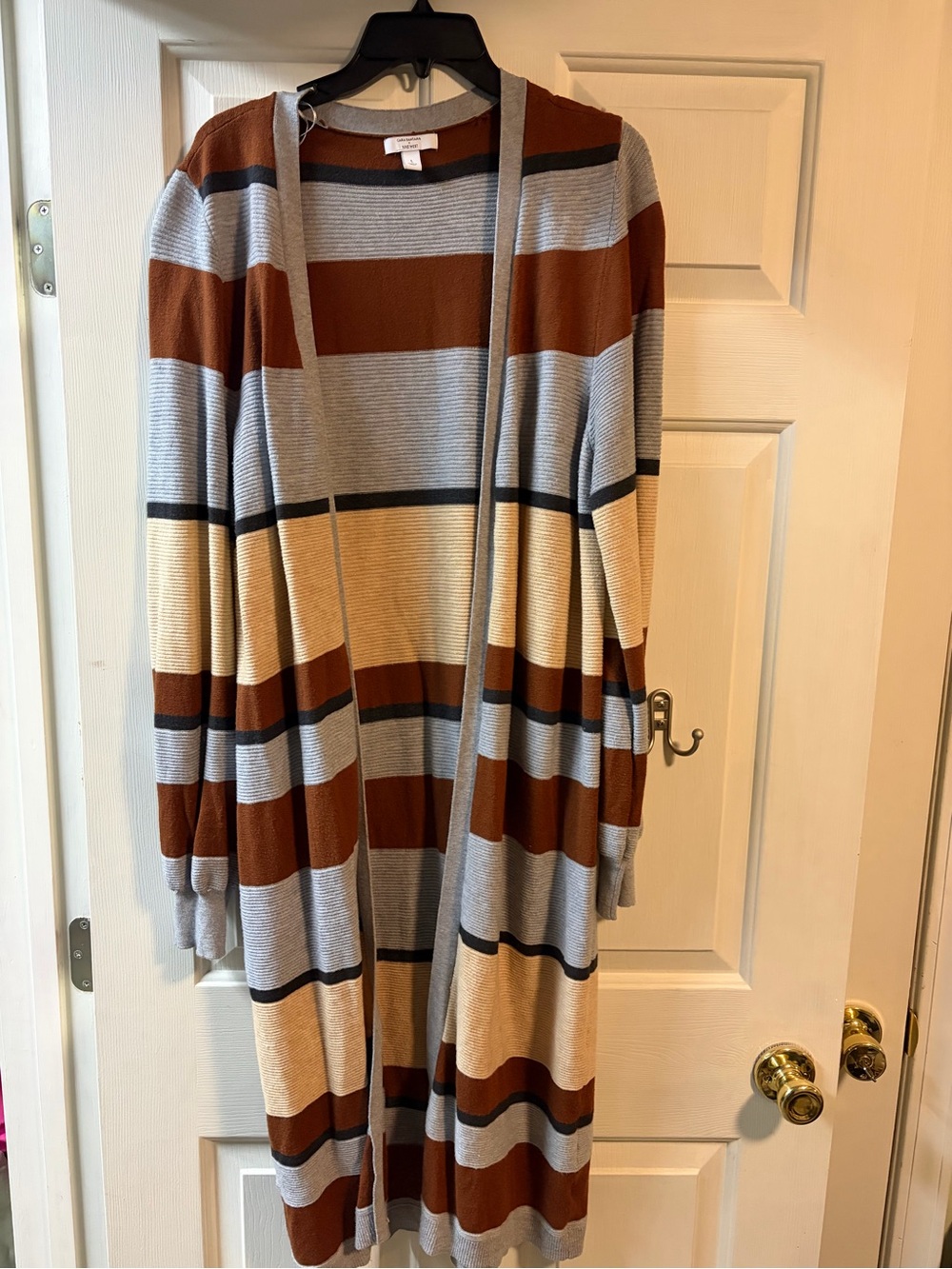 Nine West Striped Open-Front Cardigan in Gray, Brown, Cream